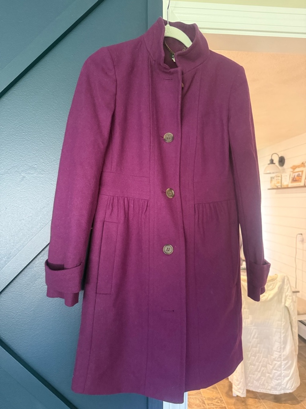 J. Crew Dark Purple Wool-Blend Stand Collar Pea Coat
